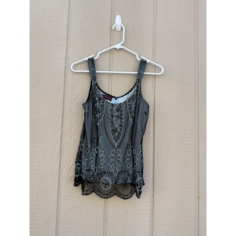 Marina Medium Beaded Tank Vintage Style Mesh Aqua Black Scalloped Hem